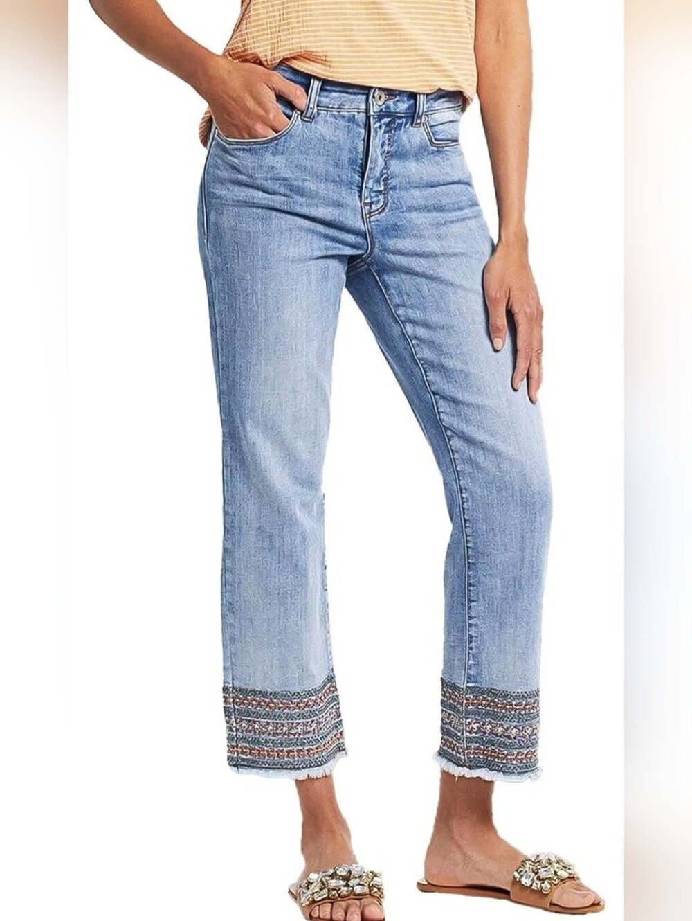 NWT Flamingals Light Wash Embroidered Straight-Leg Jeans